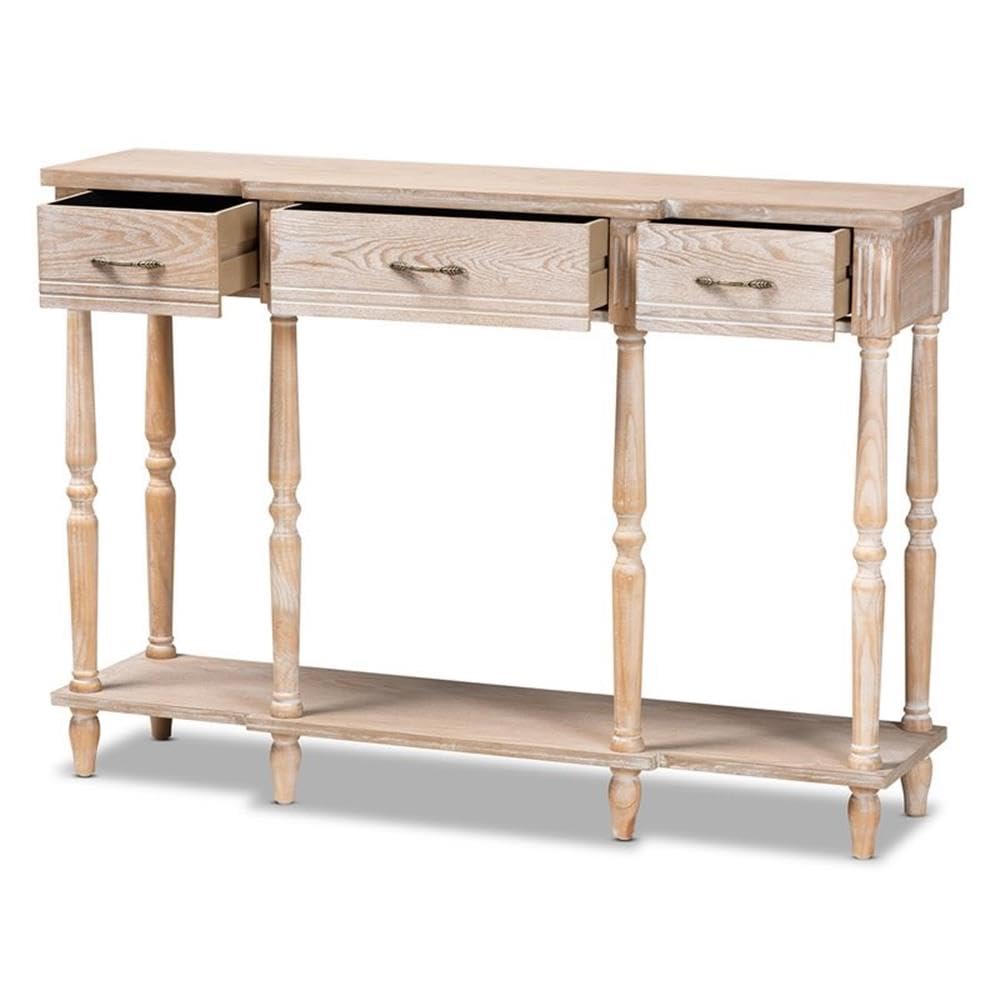 Baxton Studio Hallan Classic and Traditional French Provincial Rustic Whitewashed Oak Brown Finished Wood 3-Drawer Console Table